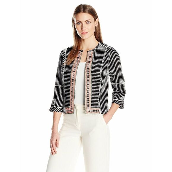 New! RAFAELLA Women's Textured Embroidered Black Striped Jacket Blazer Medium - Picture 1 of 4